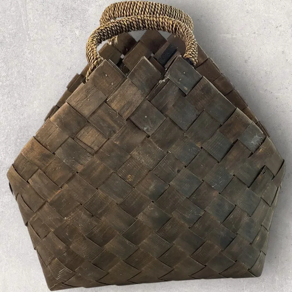 Rustic Flax Woven Basket Dark Wood Tote Farmhouse Decor Bag Purse w/ Handles
